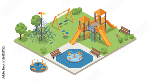 Isometric playground with slides and swings vector illustration for children's park design