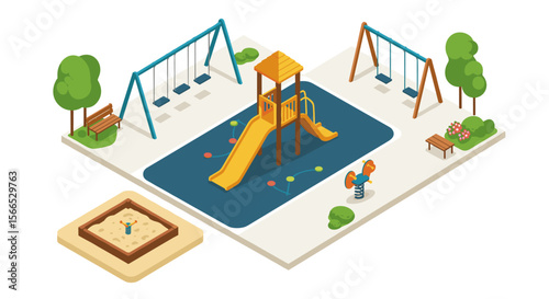 Isometric playground with swings and slide vector illustration for childrens design