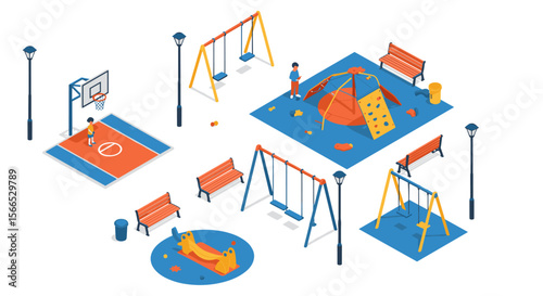 Playground equipment vector illustration: swings, slides, climbing structures for children's recreation area design