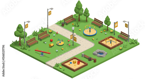 Isometric playground vector illustration - design for children's recreational area with slides, sandbox, and benches