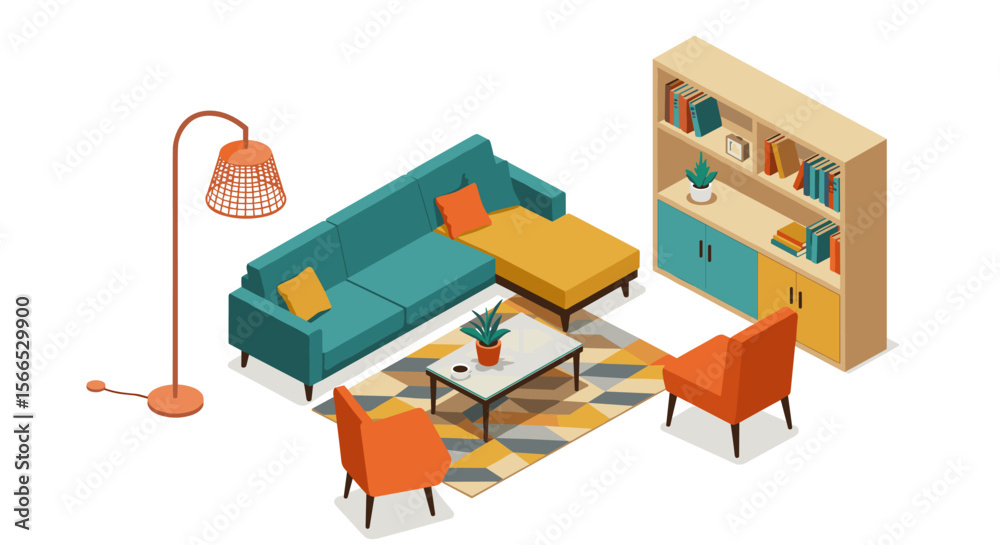 Cozy living room design with furniture in isometric vector illustration for interior decor