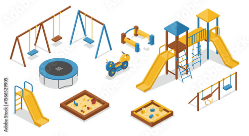 Isometric playground vector illustration for design projects: slides, swings, sandbox, and trampoline