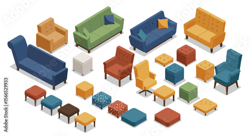 Isometric vector illustration of colorful furniture set for interior design and decoration