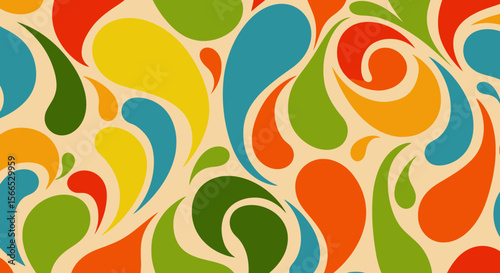 Abstract colorful teardrop shapes swirl in a vibrant, retro-style pattern.