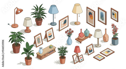 Isometric interior decor vector illustration: stylish lamps, art, plants for home design