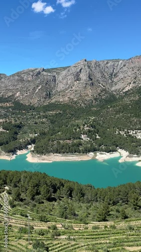 Panoramic Landscape of Mountains and Turquoise Reservoir