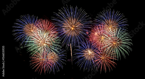 Vibrant fireworks display explodes in the night sky, showcasing a multitude of colorful bursts and radiant trails.