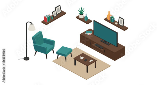 Modern living room vector illustration: isometric design with furniture and decor elements