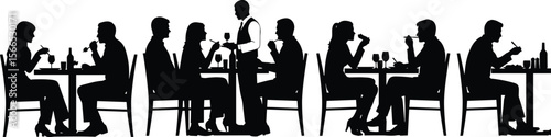Restaurant dining silhouettes, waiter serving wine, people eating, social gathering, dinner conversation, elegant service, food and drink, hospitality scene, fine dining experience