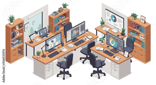 Modern office workspace with technology and bookshelves vector illustration for design projects