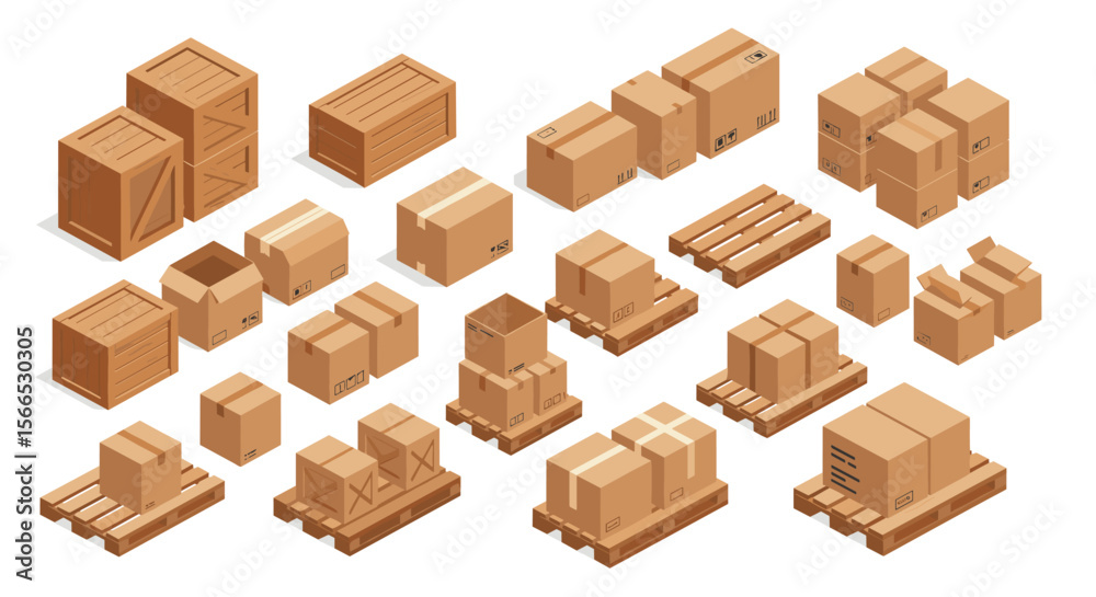 Fototapeta premium Isometric vector illustration of cardboard boxes and wooden crates on pallets for logistics and shipping designs