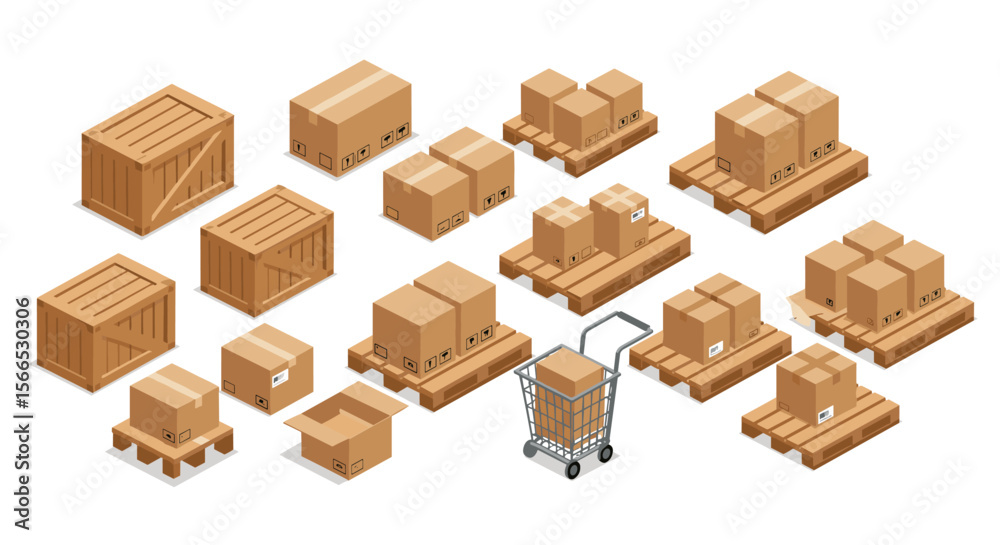 Fototapeta premium Isometric vector illustration of shipping boxes and wooden crates for warehouse and logistics design