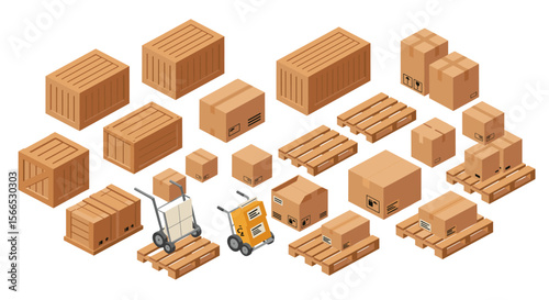 Warehouse and logistics equipment isometric vector illustration for shipping and cargo management design