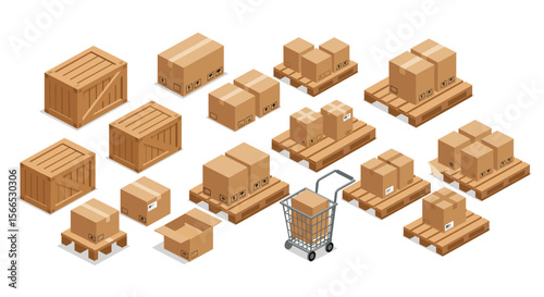 Isometric vector illustration of shipping boxes and wooden crates for warehouse and logistics design
