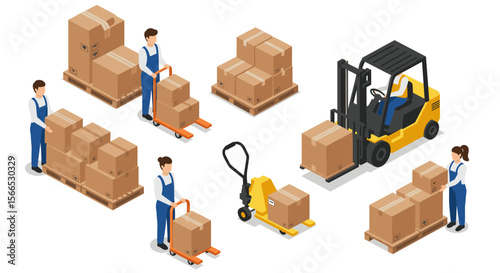 Warehouse logistics and distribution process isometric vector illustration for supply chain management