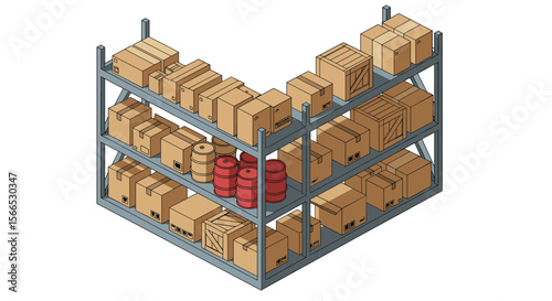 Isometric warehouse storage with boxes and barrels vector illustration for logistics design