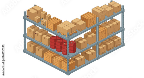 Isometric warehouse storage vector illustration for logistics and inventory management design