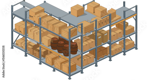 Isometric warehouse storage vector illustration with shelves and boxes for logistics design