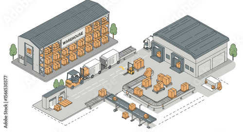 Isometric logistics and supply chain vector illustration for warehouse and distribution design
