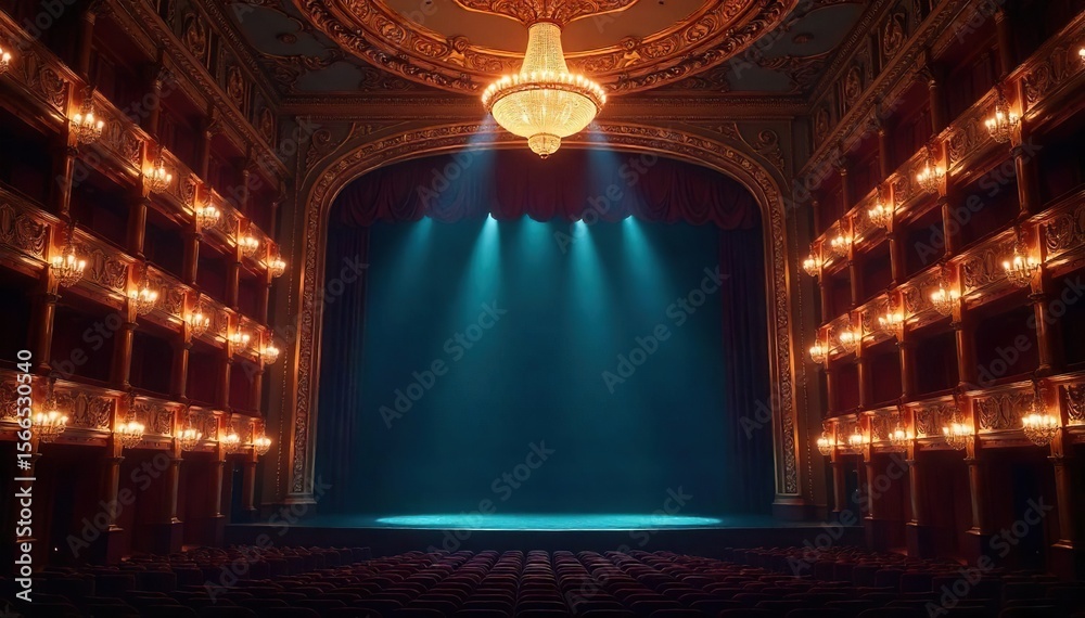 Obraz premium Grand Opera House Interior Dramatic Crystal Chandeliers Illuminate Ornate Architecture, Casting Shadows on a Dark Stage Awaiting the Performance