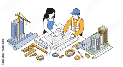 Architectural planning vector illustration: construction scene in modern isometric style