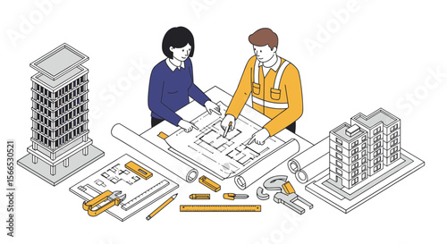 Architectural planning vector illustration with designers and building models in isometric style