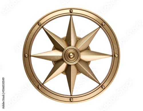 A gleaming brass compass rose with eight points symbolizes direction and exploration.