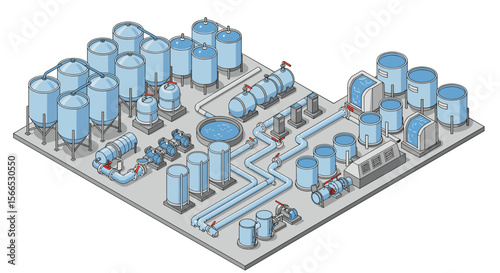 Isometric vector illustration of water treatment plant for engineering and industrial design