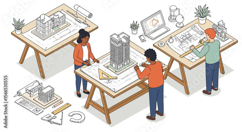 Isometric vector illustration of architects designing buildings on drafting tables for architectural projects