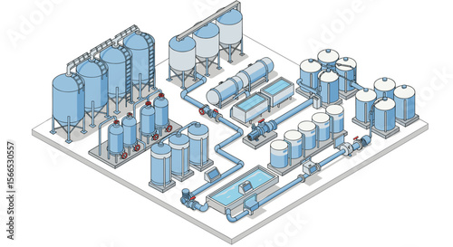 Isometric vector illustration of industrial water treatment plant design for engineering and technology projects
