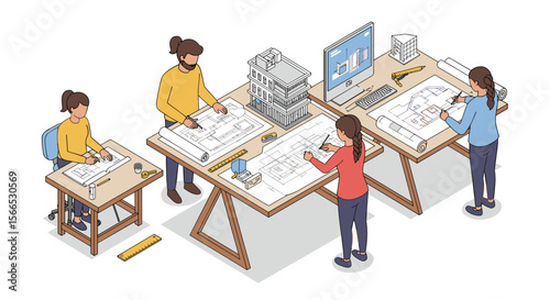 Architectural team collaboration in office workspace vector illustration