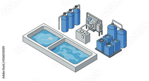 Isometric vector illustration of industrial water filtration system for design projects