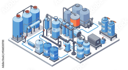 Isometric vector illustration of industrial water treatment plant for engineering design