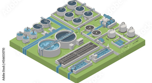 Isometric vector illustration of industrial water treatment plant for engineering design