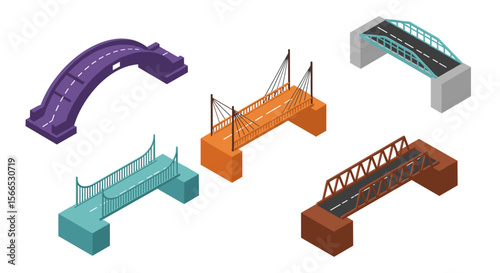 Isometric illustration of various bridge designs for architecture and engineering projects
