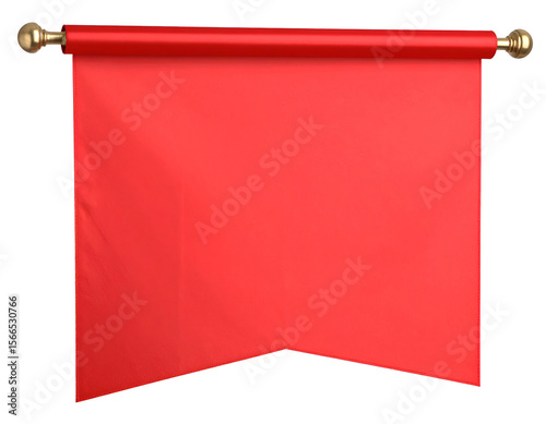 A vibrant red banner hangs elegantly from a polished golden pole, ready for custom design.