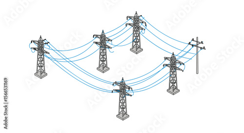 Isometric vector illustration of power lines and transmission towers for energy and infrastructure design