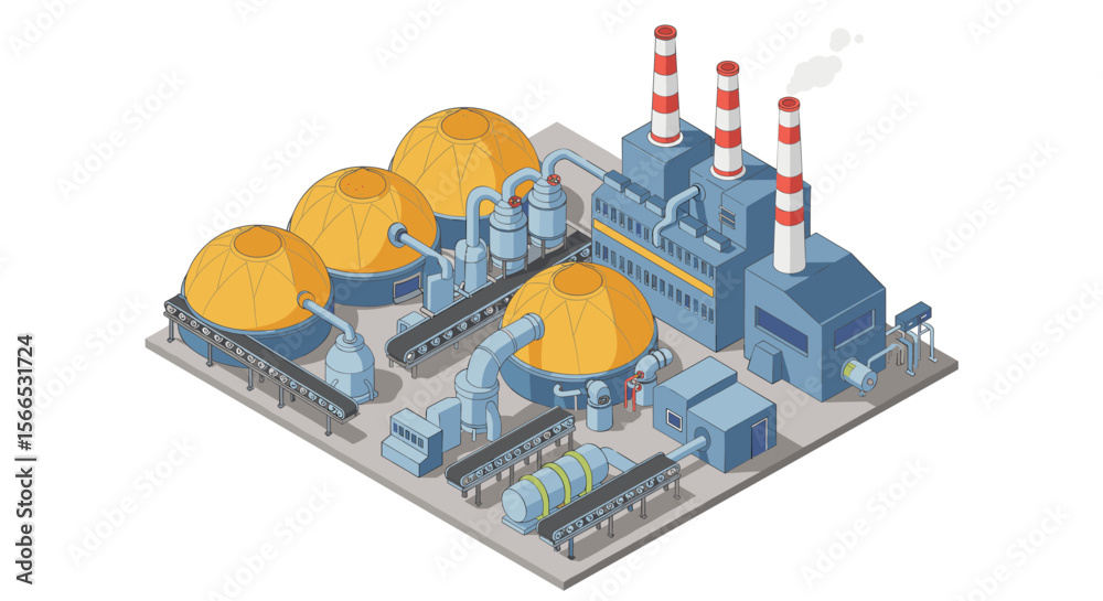 Naklejka premium Industrial factory with tanks and pipes vector illustration in isometric style for design projects