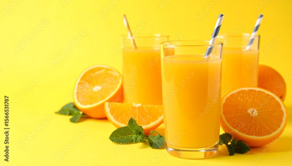 Fototapeta premium Zumo de Naranja, rodeado de Naranjas naturales y fondo naranja