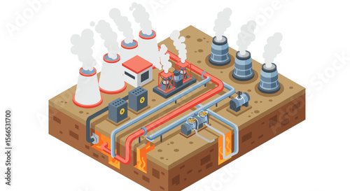 Isometric vector illustration of geothermal power plant for energy and environment design