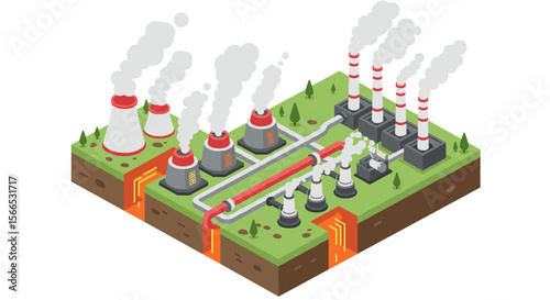 Industrial isometric vector illustration: power plant with smoke, pipelines, and cooling towers