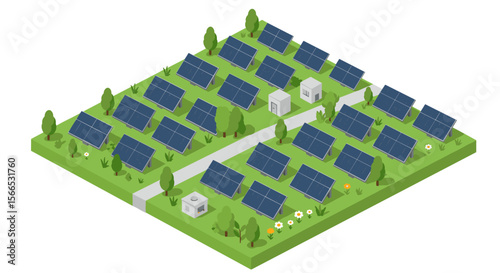 Isometric solar farm vector illustration: sustainable energy concept design for eco-friendly projects