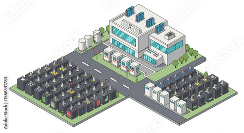 Isometric vector illustration of modern data center with server racks in futuristic architecture style