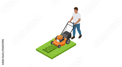 Isometric vector illustration of a man mowing lawn with orange lawn mower for gardening design