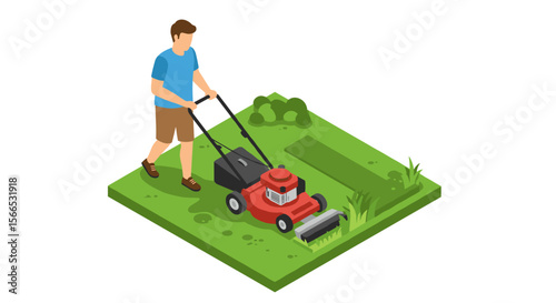 Isometric vector illustration of man mowing lawn for gardening and landscaping design