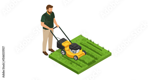 Isometric lawn care vector illustration for gardening and landscaping design