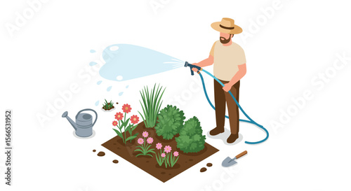 Gardener watering plants in isometric style vector illustration for gardening design