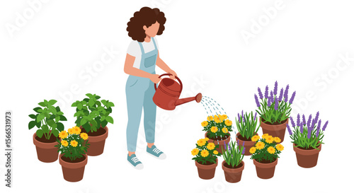 Gardening enthusiast watering plants vector illustration for spring design projects in flat style