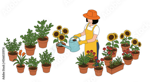 Gardening concept vector illustration: woman watering plants in pots for home and garden design in flat style