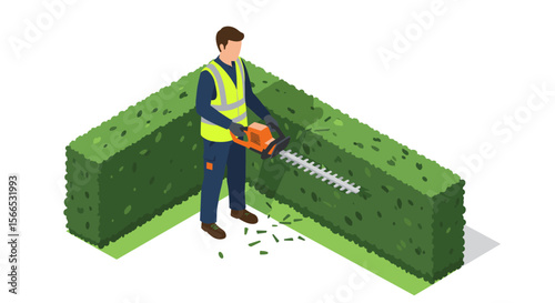 Isometric vector illustration of gardener trimming hedges with electric hedge trimmer for landscape design